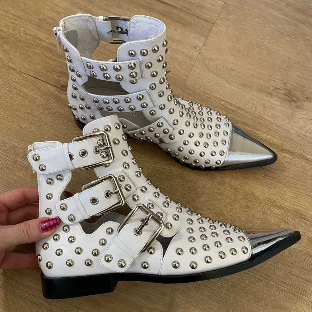 Jeffrey Campbell Kait Studded Ankle Boot Cutout Buckle White 7 NEW